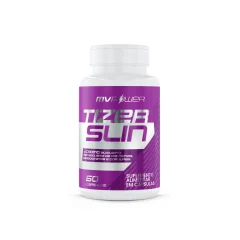 Frasco roxo e branco do suplemento Tizerslin, da MV Power, com 60 cápsulas