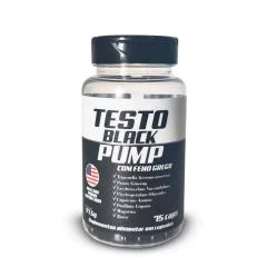 Frasco do Testo Black Pump em fundo branco, com rótulo escuro, a menção "com feno grego" e a bandeira dos Estados Unidos