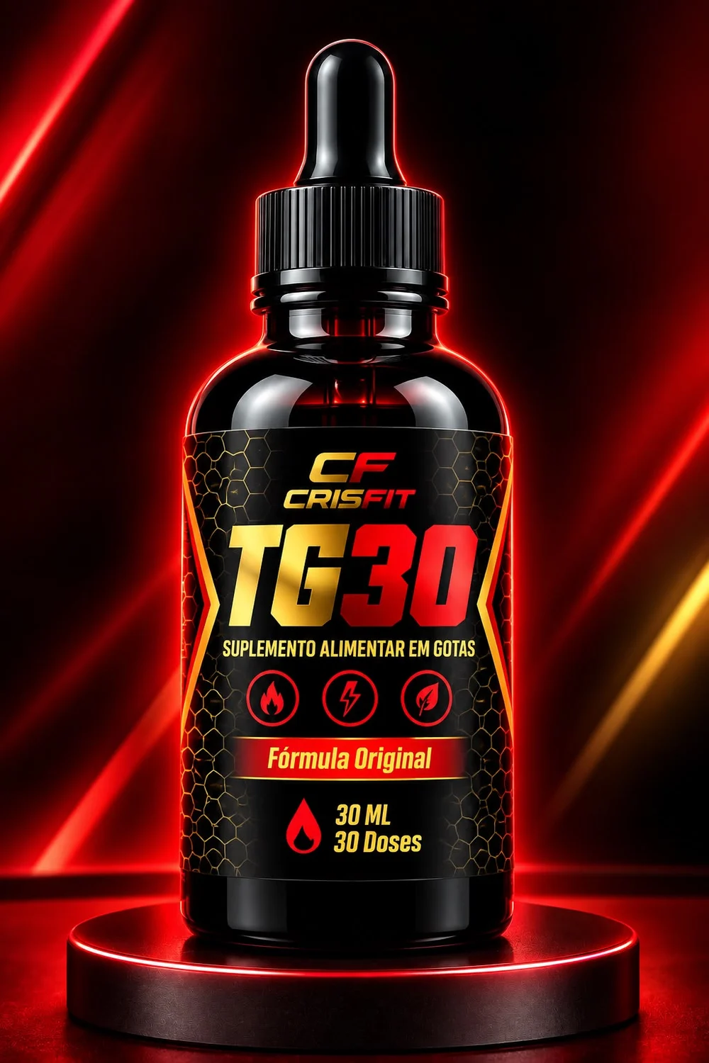 Frasco preto de 30 ml com conta-gotas do TG30 da Crisfit, com rótulo preto e dourado, escrito suplemento alimentar em gotas, fórmula original, 30 doses