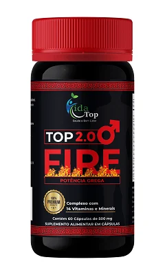 Pote preto com tampa vermelha do suplemento Top 2.0 Fire Potência Grega, com 60 cápsulas de 500 mg e complexo com 14 vitaminas e minerais