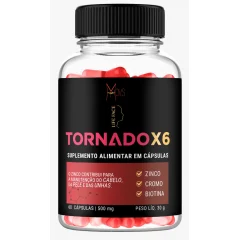 Frasco do suplemento Tornado X6 com tampa preta, rótulo preto e vermelho com a indicação de 60 cápsulas e os ícones de zinco, cromo e biotina