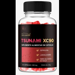 Pote escuro do suplemento Tsunami XC90, com cápsulas vermelhas visíveis e lista de espirulina, laranja moro e fibra da casca de maçã no rótulo