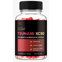 Frasco do suplemento Tsunami XC90 com 60 cápsulas de 500 mg e a lista de espirulina, laranja moro e fibra da casca de maçã