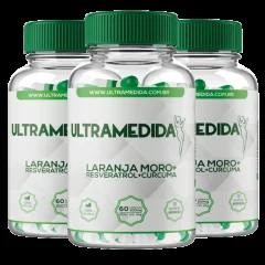 Três frascos brancos com tampa verde do suplemento Ultra Medida, com rótulo Laranja Moro, Resveratrol e Cúrcuma e 60 cápsulas