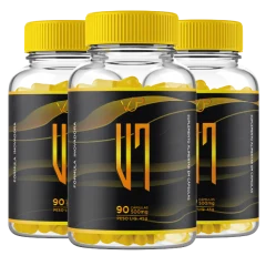 Três frascos transparentes do V7 VUP, com tampa amarela e rótulo preto com o logotipo V7, indicando 90 cápsulas de 500 mg e peso líquido de 45 g
