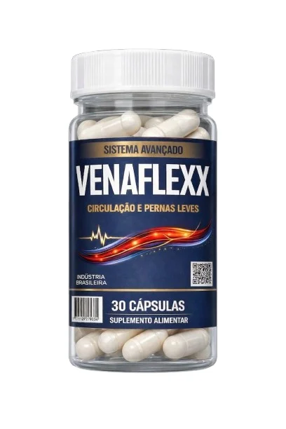 Pote transparente de Venaflexx com tampa branca e rótulo azul-escuro, escrito Circulação e pernas leves, 30 cápsulas, suplemento alimentar