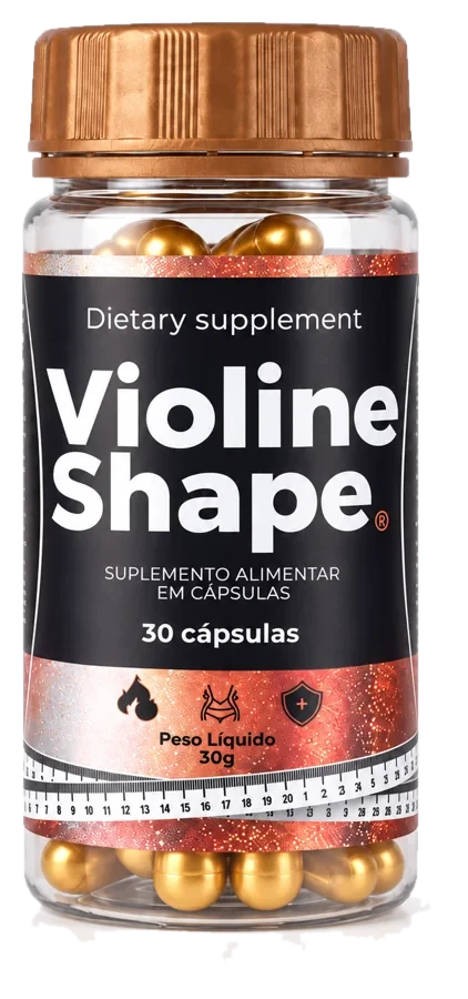 Frasco transparente de Violine Shape, suplemento alimentar com 30 cápsulas douradas, tampa cobre e rótulo preto com fita métrica