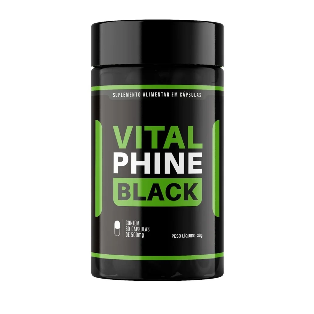 Pote preto do Vital Phine Black, suplemento alimentar com 60 cápsulas de 500 mg e peso líquido de 30 g, com rótulo verde e branco