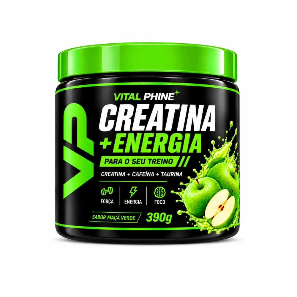 Pote preto e verde da Vital Phine Creatina + Energia, sabor maçã verde, 390 g, com a indicação creatina, cafeína e taurina