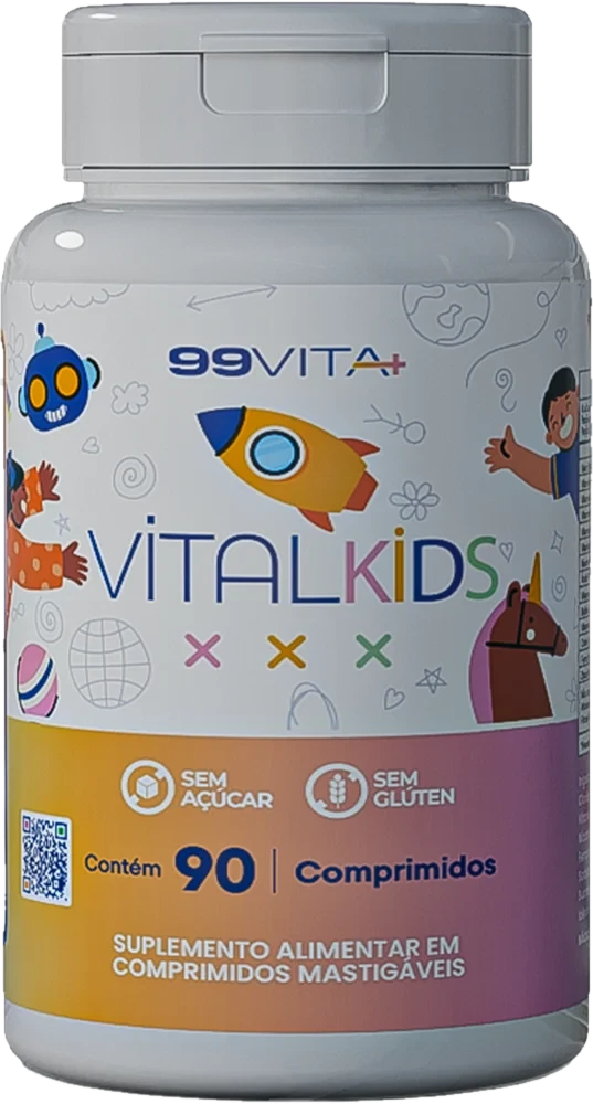 Pote do suplemento VitalKids da 99Vita+, com 90 comprimidos mastigáveis, rótulo colorido com ilustração de foguete, selos sem açúcar e sem glúten