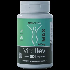 Frasco verde do suplemento Vitallev MAX da marca 99VITA+, com 30 cápsulas de 600 mg
