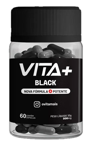 Frasco preto transparente do Vita+ Black com 60 cápsulas pretas e cinza, rótulo preto com a frase nova fórmula mais potente e peso líquido de 30 g