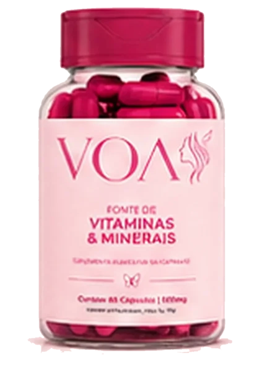 Pote transparente do suplemento VOA Fonte de Vitaminas & Minerais, com tampa vinho, cápsulas rosa forte e rótulo rosa claro com o logo VOA