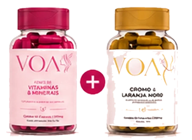 Dois potes transparentes da marca VOA lado a lado: o de vitaminas e minerais, com tampa e cápsulas rosa-escuras, e o de cromo e laranja-moro, com tampa e cápsulas douradas