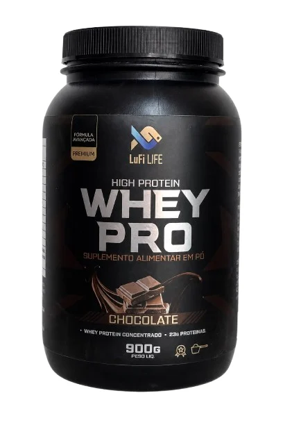 Pote preto de Whey Pro Chocolate da Lufilife, 900 g, rótulo High Protein com 23 g de proteínas