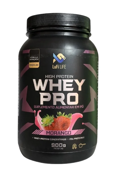 Pote preto de Whey Pro Morango da Lufi Life, 900 g, com rótulo mostrando morangos, a indicação whey protein concentrado e 23 g de proteínas