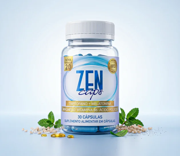 Frasco do suplemento Zen Caps (30 cápsulas) sobre fundo claro