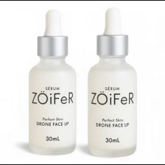 Dois frascos brancos com tampa prateada e conta-gotas do sérum ZÖiFeR Perfect Skin Drone Face Up de 30 ml