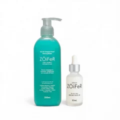 Frasco verde de gel de limpeza ZÖiFeR de 200 ml ao lado de um frasco branco com conta-gotas do sérum Drone Face Up de 30 ml